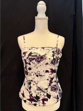 White House Black Market Floral Strapless Peplum Top in White, Black, Purple